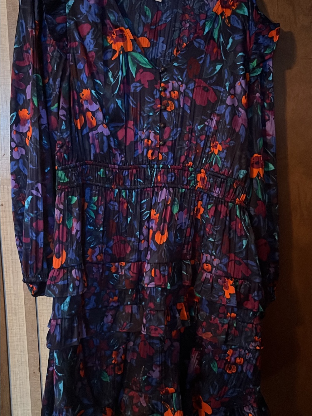 Women's Dark Floral Tiered Long-Sleeve Dress - Black with Orange & Purple Floral